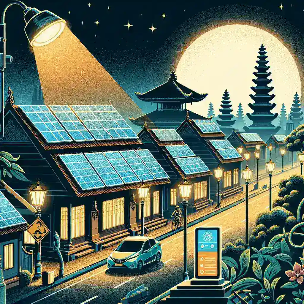 "Ilustrasi sistem smart lighting bertenaga surya di Kota Denpasar, menunjukkan penerangan jalan yang efisien dan ramah lingkungan sebagai pionir inovasi kota pintar."