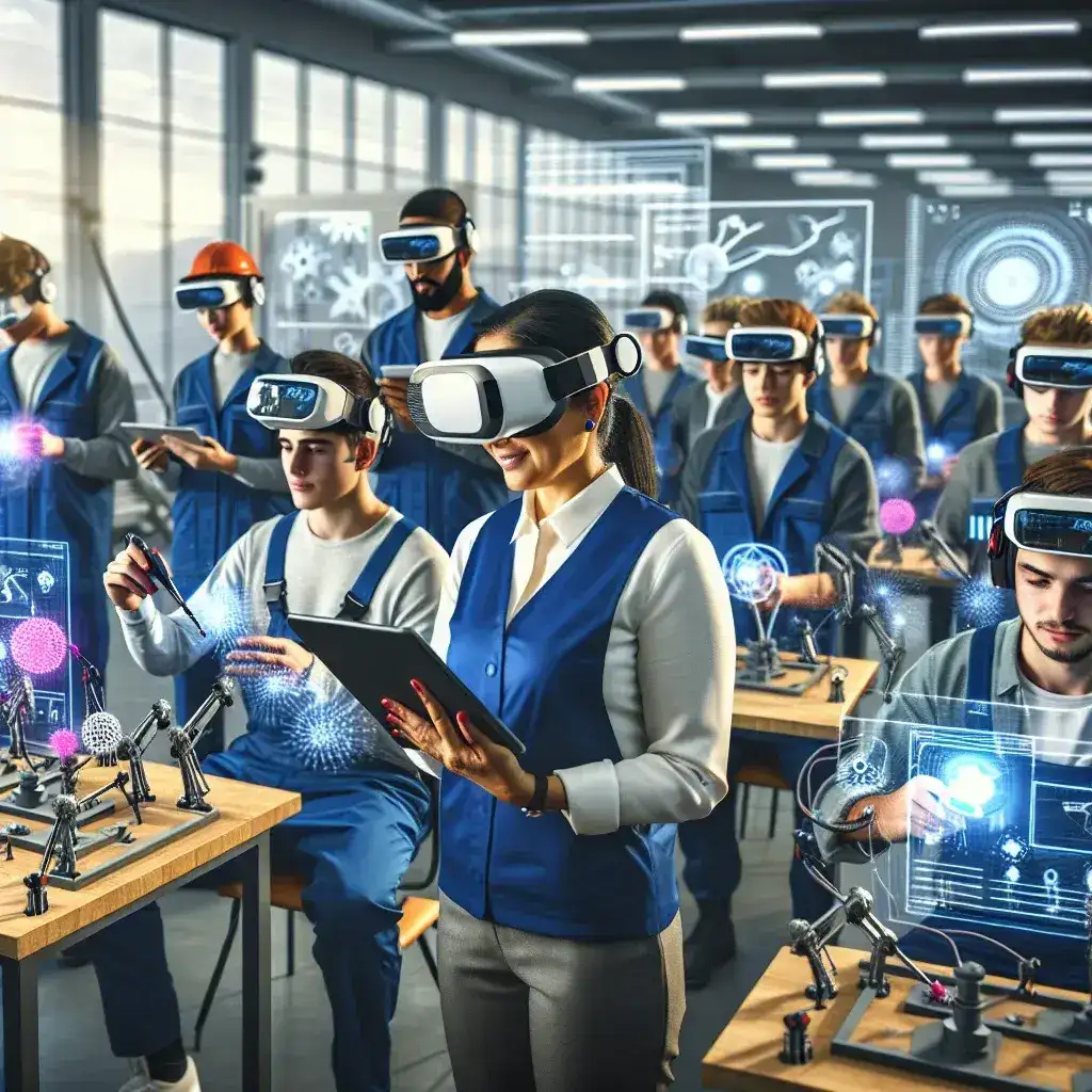 "Implementasi teknologi AR/VR dalam pembelajaran vokasi di SMK, menunjukkan siswa menggunakan headset VR untuk pengalaman belajar interaktif dan mendalam di kelas."